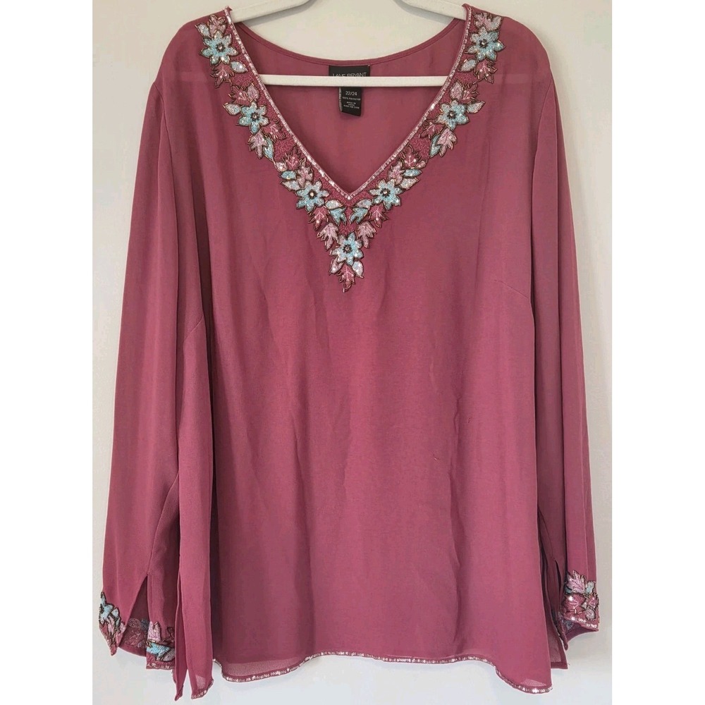 Lane Bryant Beaded Sheer Tunic Magenta Flowy Sequin Womens Size 22 / 24